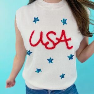 USA White Sleeveless Sweater with Red and Blue Accents & stars